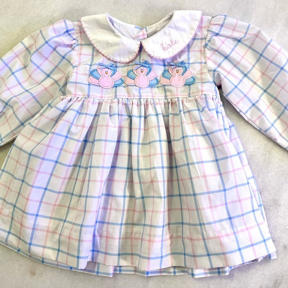 Smocked Thanksgiving top with monogrammed, embroidered name “kate” on collar